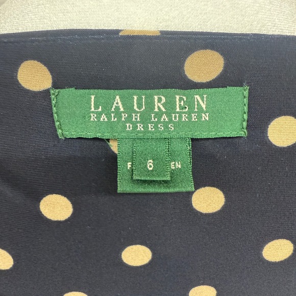 Lauren Ralph Lauren Black Beige Polka Dot Ruched Faux Wrap Sheath Dress Size 6 - Picture 7 of 9